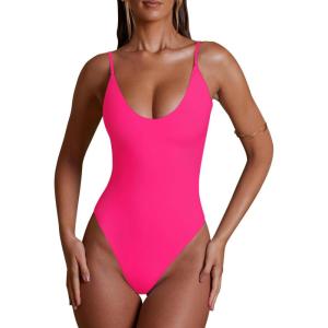 imageREORIA Womens Summer Sexy Deep Round Neck Double Lined Sleeveless Trendy Going Out Bodysuit Tank TopsNeon Rose Red