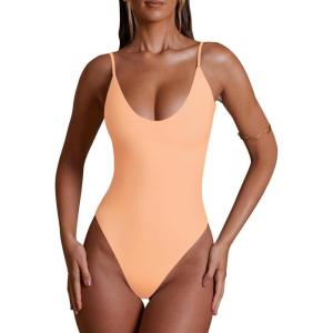 imageREORIA Womens Summer Sexy Deep Round Neck Double Lined Sleeveless Trendy Going Out Bodysuit Tank TopsPeach Fuzz