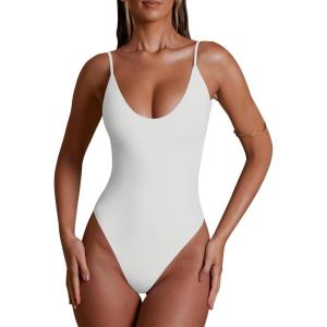 imageREORIA Womens Summer Sexy Deep Round Neck Double Lined Sleeveless Trendy Going Out Bodysuit Tank TopsWhite