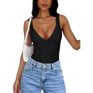 imageREORIA Womens V Neck Bodysuits Summer Sleeveless Double Lined Tank Going Out Fashion Tops 2024 TrendyBlack