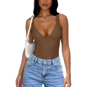 imageREORIA Womens V Neck Bodysuits Summer Sleeveless Double Lined Tank Going Out Fashion Tops 2024 TrendyCoffee
