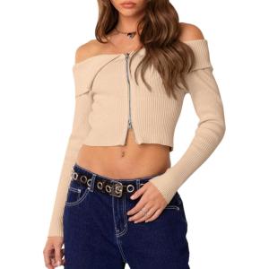 imageREORIA Womens Y2k Trendy Off The Shoulder Double Zip Up Fall Long Sleeve Cropped Pullover Sweaters TopsApricot