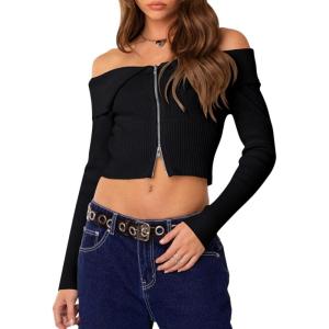 imageREORIA Womens Y2k Trendy Off The Shoulder Double Zip Up Fall Long Sleeve Cropped Pullover Sweaters TopsBlack
