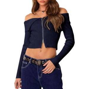 imageREORIA Womens Y2k Trendy Off The Shoulder Double Zip Up Fall Long Sleeve Cropped Pullover Sweaters TopsRoyal Blue