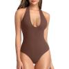 imageREORIA Bodysuits for Women Halter Tops 2025 Summer V Neck Backless Body Suits Tank Top Trendy Fashion ClothingCoffee