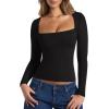 imageREORIA Fall Sexy Basic Square Neck Tops for Women Long Sleeve Double Lined Full Length Fitted T Shirts TopsBlack