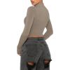 imageREORIA Womens Basic Cute Mock Turtleneck Long Sleeve Ribbed Tight Tshirts Crop TopsGrey Brown