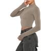 imageREORIA Womens Basic Cute Mock Turtleneck Long Sleeve Ribbed Tight Tshirts Crop TopsGrey Brown