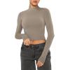 imageREORIA Womens Basic Cute Mock Turtleneck Long Sleeve Ribbed Tight Tshirts Crop TopsGrey Brown
