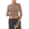 imageREORIA Womens Basic Cute Mock Turtleneck Long Sleeve Ribbed Tight Tshirts Crop TopsKhaki