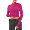 imageREORIA Womens Basic Cute Mock Turtleneck Long Sleeve Ribbed Tight Tshirts Crop TopsNeon Rose Red