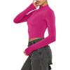 imageREORIA Womens Basic Cute Mock Turtleneck Long Sleeve Ribbed Tight Tshirts Crop TopsNeon Rose Red