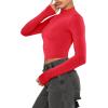 imageREORIA Womens Basic Cute Mock Turtleneck Long Sleeve Ribbed Tight Tshirts Crop TopsRed