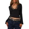 imageREORIA Womens Lace V Neck Bell Sleeve Sexy Going Out Double Lined Trendy Y2K Crop TopsBlack
