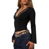 imageREORIA Womens Lace V Neck Bell Sleeve Sexy Going Out Double Lined Trendy Y2K Crop TopsBlack