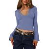 imageREORIA Womens Lace V Neck Bell Sleeve Sexy Going Out Double Lined Trendy Y2K Crop TopsBlue
