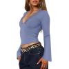 imageREORIA Womens Lace V Neck Bell Sleeve Sexy Going Out Double Lined Trendy Y2K Crop TopsBlue