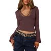 imageREORIA Womens Lace V Neck Bell Sleeve Sexy Going Out Double Lined Trendy Y2K Crop TopsCoffee