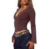 imageREORIA Womens Lace V Neck Bell Sleeve Sexy Going Out Double Lined Trendy Y2K Crop TopsCoffee