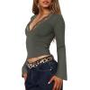 imageREORIA Womens Lace V Neck Bell Sleeve Sexy Going Out Double Lined Trendy Y2K Crop TopsGrey Green