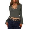 imageREORIA Womens Lace V Neck Bell Sleeve Sexy Going Out Double Lined Trendy Y2K Crop TopsGrey Green