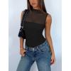 imageREORIA Womens Sheer Mesh Sexy Bodysuits Mock Neck Sleeveless Shirts Ruched Trendy Going Out Bodysuits Tops 2025Black