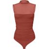 imageREORIA Womens Sheer Mesh Sexy Bodysuits Mock Neck Sleeveless Shirts Ruched Trendy Going Out Bodysuits Tops 2025Brick Red
