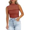imageREORIA Womens Sheer Mesh Sexy Bodysuits Mock Neck Sleeveless Shirts Ruched Trendy Going Out Bodysuits Tops 2025Brick Red