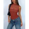 imageREORIA Womens Sheer Mesh Sexy Bodysuits Mock Neck Sleeveless Shirts Ruched Trendy Going Out Bodysuits Tops 2025Brick Red