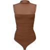 imageREORIA Womens Sheer Mesh Sexy Bodysuits Mock Neck Sleeveless Shirts Ruched Trendy Going Out Bodysuits Tops 2025Coffee