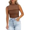 imageREORIA Womens Sheer Mesh Sexy Bodysuits Mock Neck Sleeveless Shirts Ruched Trendy Going Out Bodysuits Tops 2025Coffee
