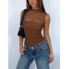imageREORIA Womens Sheer Mesh Sexy Bodysuits Mock Neck Sleeveless Shirts Ruched Trendy Going Out Bodysuits Tops 2025Coffee