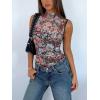 imageREORIA Womens Sheer Mesh Sexy Bodysuits Mock Neck Sleeveless Shirts Ruched Trendy Going Out Bodysuits Tops 2025Floral Black