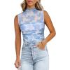 imageREORIA Womens Sheer Mesh Sexy Bodysuits Mock Neck Sleeveless Shirts Ruched Trendy Going Out Bodysuits Tops 2025Floral Blue
