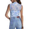 imageREORIA Womens Sheer Mesh Sexy Bodysuits Mock Neck Sleeveless Shirts Ruched Trendy Going Out Bodysuits Tops 2025Floral Blue