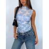 imageREORIA Womens Sheer Mesh Sexy Bodysuits Mock Neck Sleeveless Shirts Ruched Trendy Going Out Bodysuits Tops 2025Floral Blue