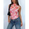 imageREORIA Womens Sheer Mesh Sexy Bodysuits Mock Neck Sleeveless Shirts Ruched Trendy Going Out Bodysuits Tops 2025Floral Peach