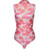 imageREORIA Womens Sheer Mesh Sexy Bodysuits Mock Neck Sleeveless Shirts Ruched Trendy Going Out Bodysuits Tops 2025Floral Peach