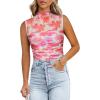 imageREORIA Womens Sheer Mesh Sexy Bodysuits Mock Neck Sleeveless Shirts Ruched Trendy Going Out Bodysuits Tops 2025Floral Peach