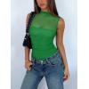 imageREORIA Womens Sheer Mesh Sexy Bodysuits Mock Neck Sleeveless Shirts Ruched Trendy Going Out Bodysuits Tops 2025Green