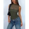 imageREORIA Womens Sheer Mesh Sexy Bodysuits Mock Neck Sleeveless Shirts Ruched Trendy Going Out Bodysuits Tops 2025Grey Green