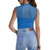 imageREORIA Womens Sheer Mesh Sexy Bodysuits Mock Neck Sleeveless Shirts Ruched Trendy Going Out Bodysuits Tops 2025Lake Blue