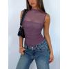 imageREORIA Womens Sheer Mesh Sexy Bodysuits Mock Neck Sleeveless Shirts Ruched Trendy Going Out Bodysuits Tops 2025Purple