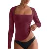 imageREORIA Fall Sexy Basic Square Neck Tops for Women Long Sleeve Double Lined Full Length Fitted T Shirts TopsDark Red