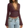 imageREORIA Womens Lace V Neck Bell Sleeve Sexy Going Out Double Lined Trendy Y2K Crop TopsCoffee