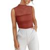 imageREORIA Womens Sheer Mesh Sexy Bodysuits Mock Neck Sleeveless Shirts Ruched Trendy Going Out Bodysuits Tops 2025Brick Red