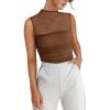 imageREORIA Womens Sheer Mesh Sexy Bodysuits Mock Neck Sleeveless Shirts Ruched Trendy Going Out Bodysuits Tops 2025Coffee
