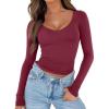 imageREORIA Womens V Neck Long Sleeve Slim Fitted Soft Layering Basic Shirt 2025 Fall Going Out TopsDeep Red