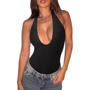 imageREORIA Bodysuits for Women Halter Tops 2025 Summer V Neck Backless Body Suits Tank Top Trendy Fashion ClothingBlack