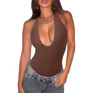 imageREORIA Bodysuits for Women Halter Tops 2025 Summer V Neck Backless Body Suits Tank Top Trendy Fashion ClothingCoffee